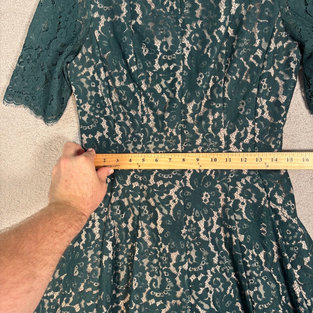 Eliza J Lace Fit N Flare Dress Size 6 Evergreen Lined Midi Illusion Lace Overlay - Picture 10 of 12